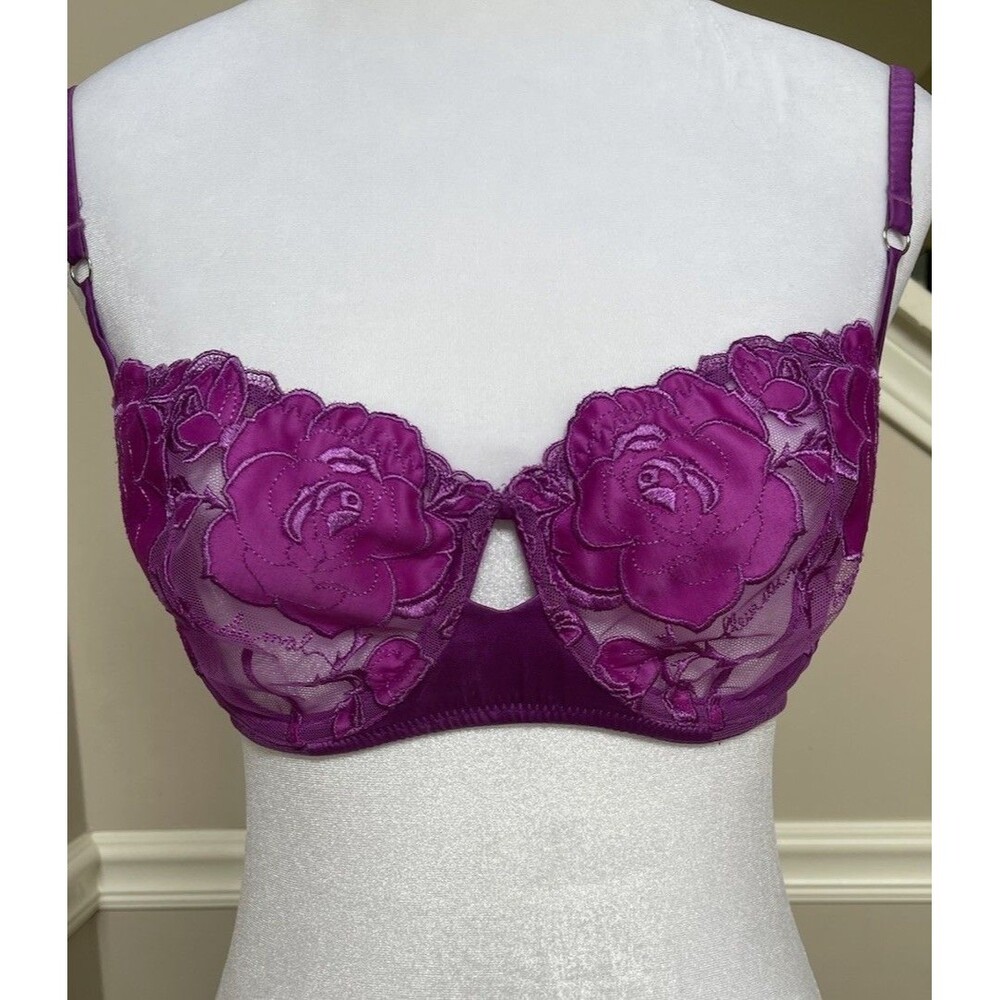 Fleur du Mal Purple Sheer Rose Embroidered Lace Mesh Underwired Bra 34DD Mobwife